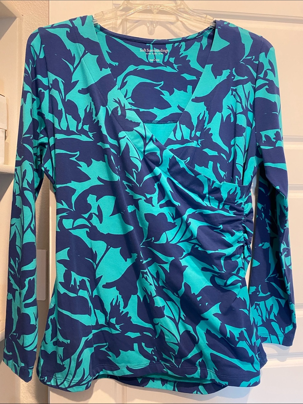 Soft Surroundings Navy and Teal Floral Ruched Long-Sleeve Tee